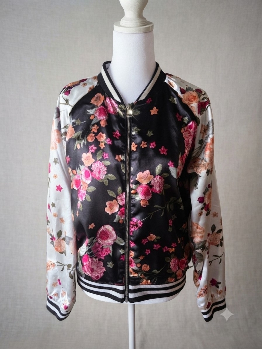 love, Fire Floral Satin Bomber Jacket Full-Zip Streetwear Coquette Athleisure